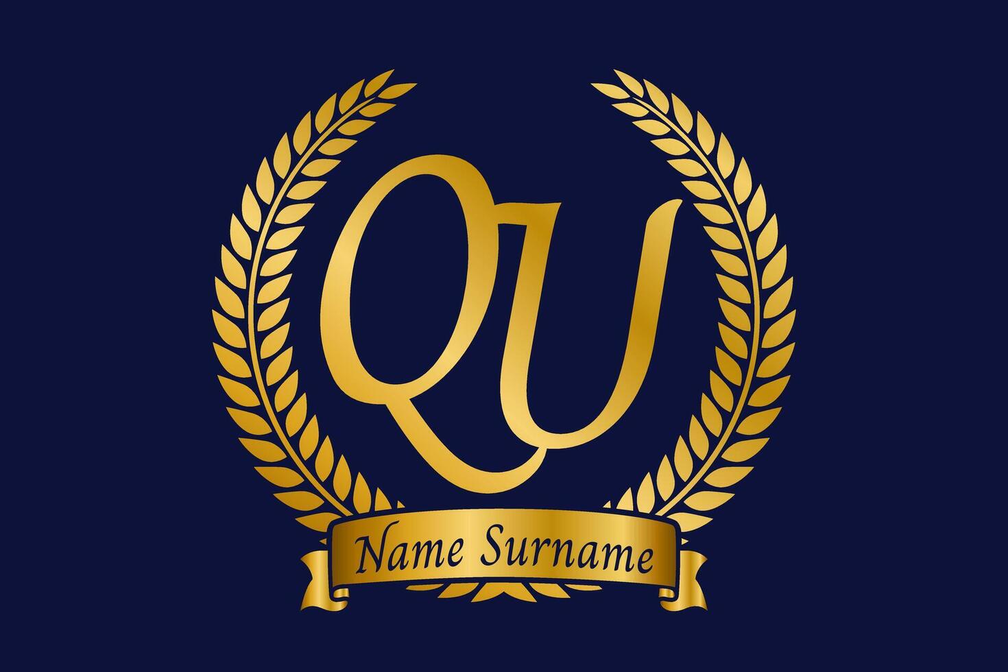 Initial letter Q and U, QU monogram logo design with laurel wreath. Luxury golden calligraphy font. vector