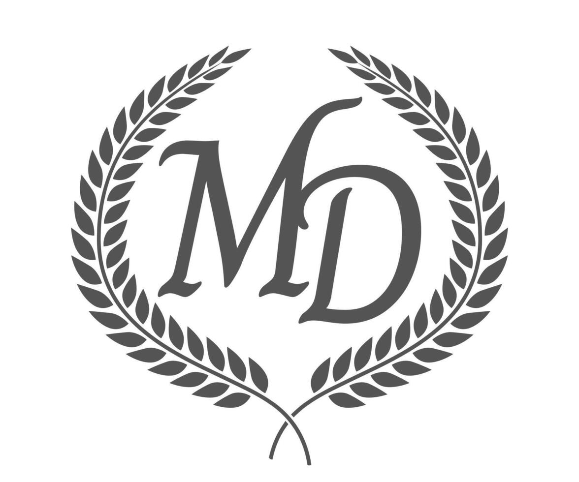 Initial letter M and D, MD monogram logo design with laurel wreath. Luxury calligraphy font. vector