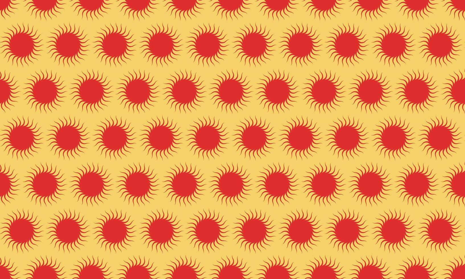 Vibrant red sunburst pattern on a warm yellow background. Perfect for summer themes, textile design, or energetic branding. This seamless repeat design offers a cheerful and optimistic aesthetic. vector