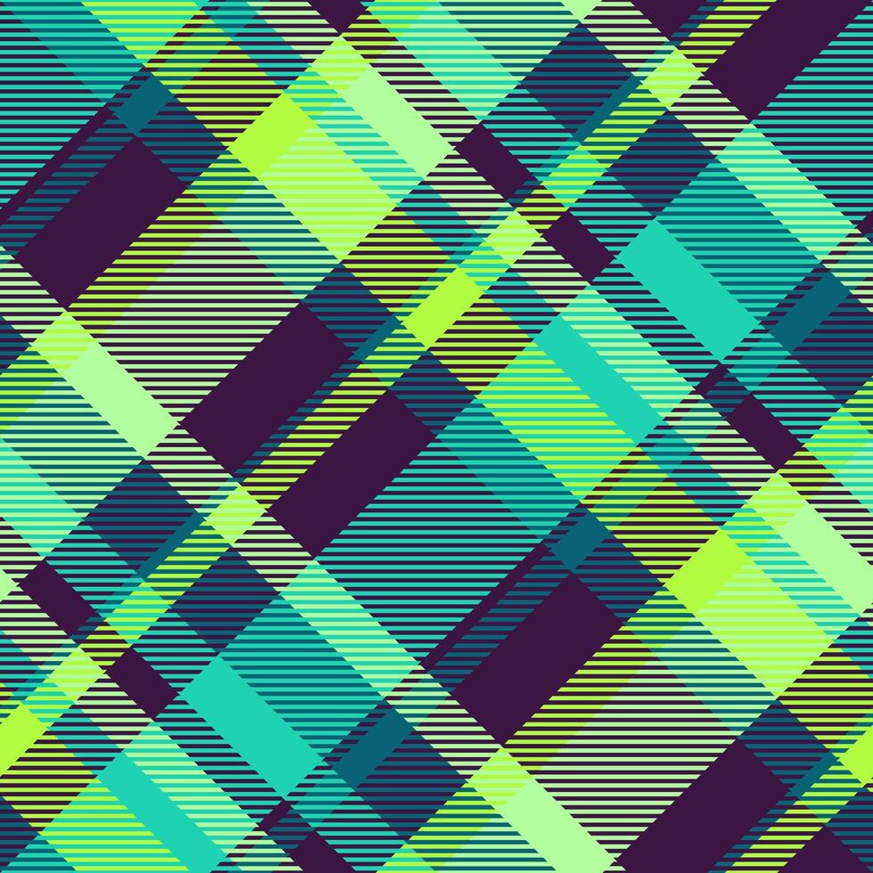 Vibrant diagonal plaid pattern in teal, lime green, and dark purple. Modern geometric design, perfect for textile prints, fashion, website backgrounds, or packaging. vector