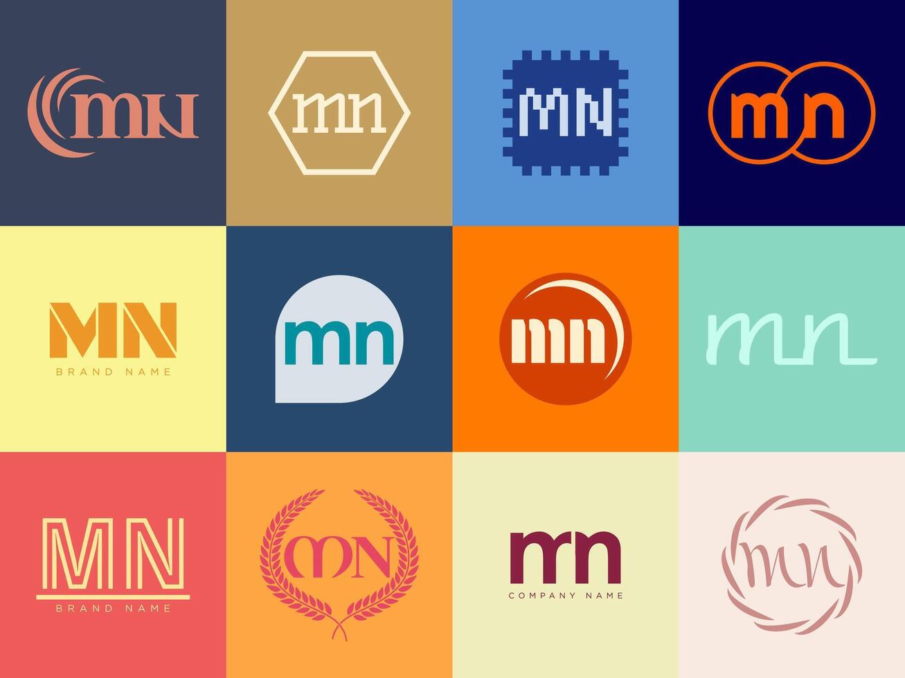 MN logo company template. Letter m and n logotype. Set different classic serif lettering and modern bold text with design elements. Initial font typography. vector