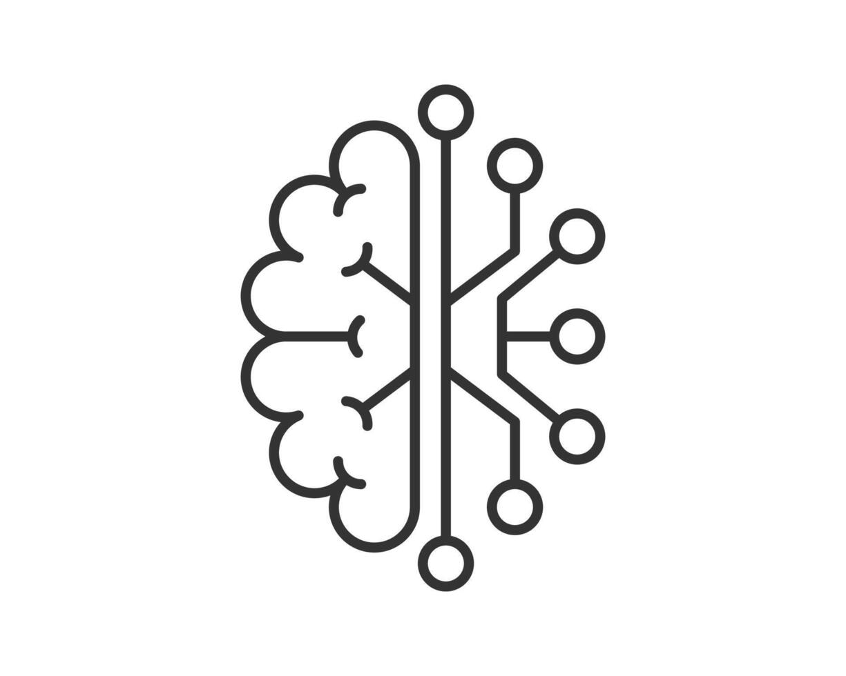 Abstract icon depicting a brain connected to a circuit board. Represents artificial intelligence, machine learning, and the future of technology, innovation, and mental health. vector