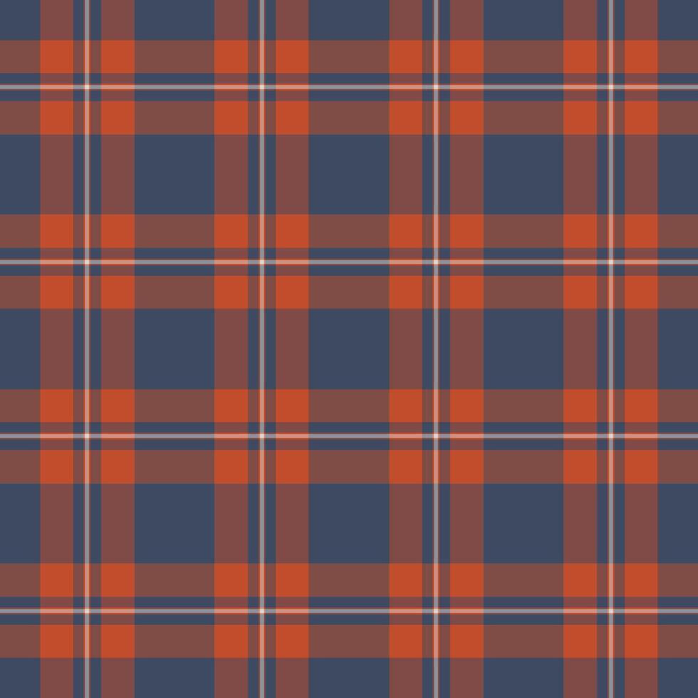 Classic plaid pattern featuring interweaving lines in navy blue and warm orange hues. Seamless, adaptable design for backgrounds, textiles, or digital applications. vector