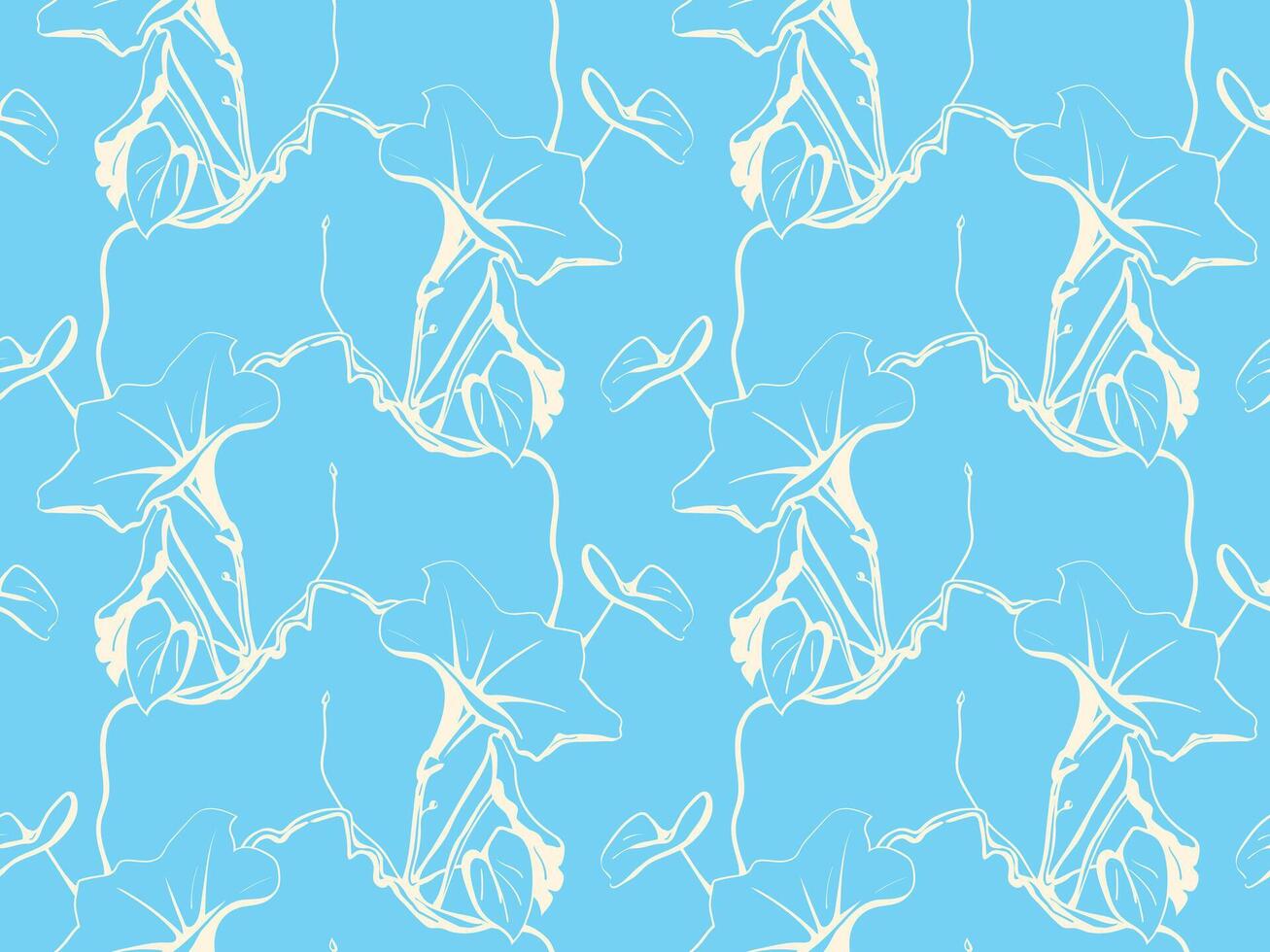 Elegant light blue background with a repeating pattern of stylized white morning glory flowers. Perfect for textile design, wallpaper, or website backgrounds. vector