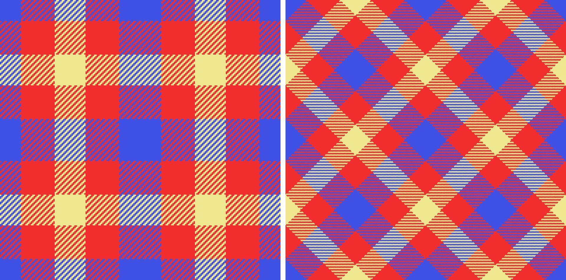 Vibrant, repeating plaid patterns in bright red, blue, and yellow. Ideal for textiles, backgrounds, or festive design projects. Versatile and eyecatching. vector