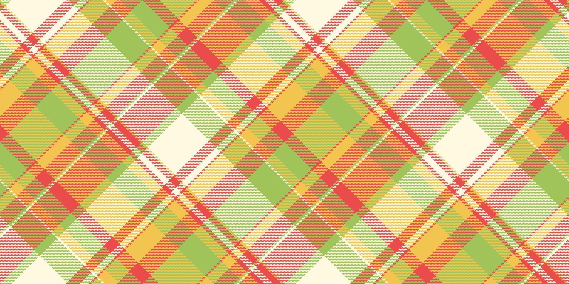 Warm plaid pattern. Bright, seamless textile design with diagonal stripes, intersecting lines, vibrant colors. Ideal for backgrounds, apparel, crafts, creative projects. vector