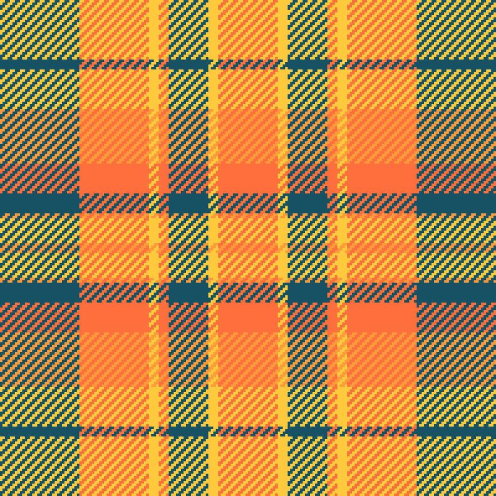 Warm, textured plaid pattern in orange, gold, and teal. Classic check design. Versatile for backgrounds, textiles, or adding a touch of rustic charm. vector