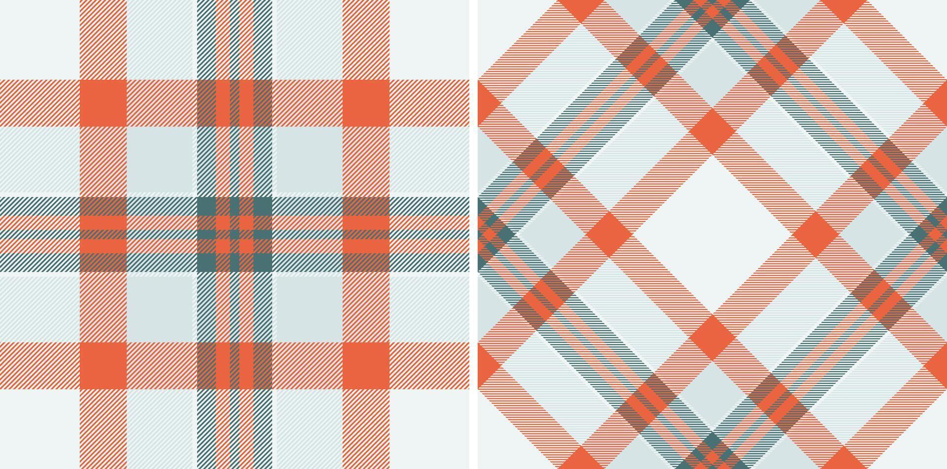 Two plaid patterns, one classic grid, one diamond, in muted orange, teal, white. Versatile background for textile, paper, or digital design. vector