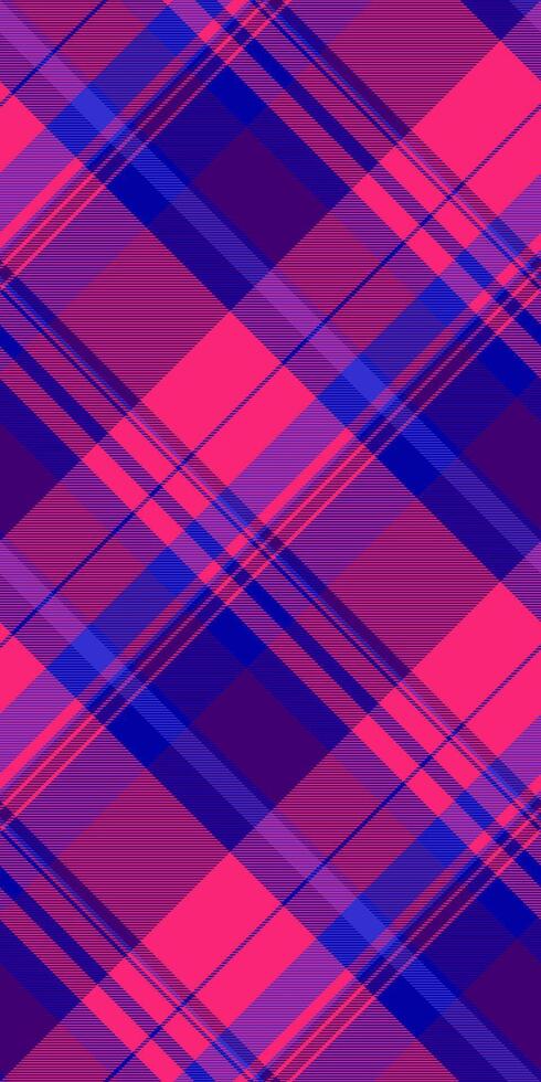 Vibrant diagonal plaid pattern in bold pink, purple, and blue hues. Perfect for textile design, fashion, website backgrounds, and branding projects. vector