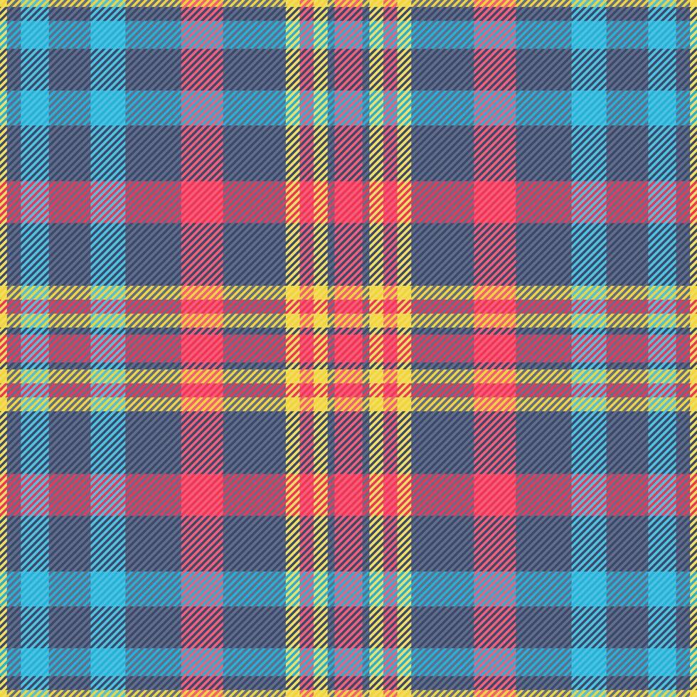 Vibrant plaid pattern in teal, pink, and yellow. Perfect for textile design, fashion, or website backgrounds. This cheerful, seamless texture evokes feelings of warmth and energy. vector