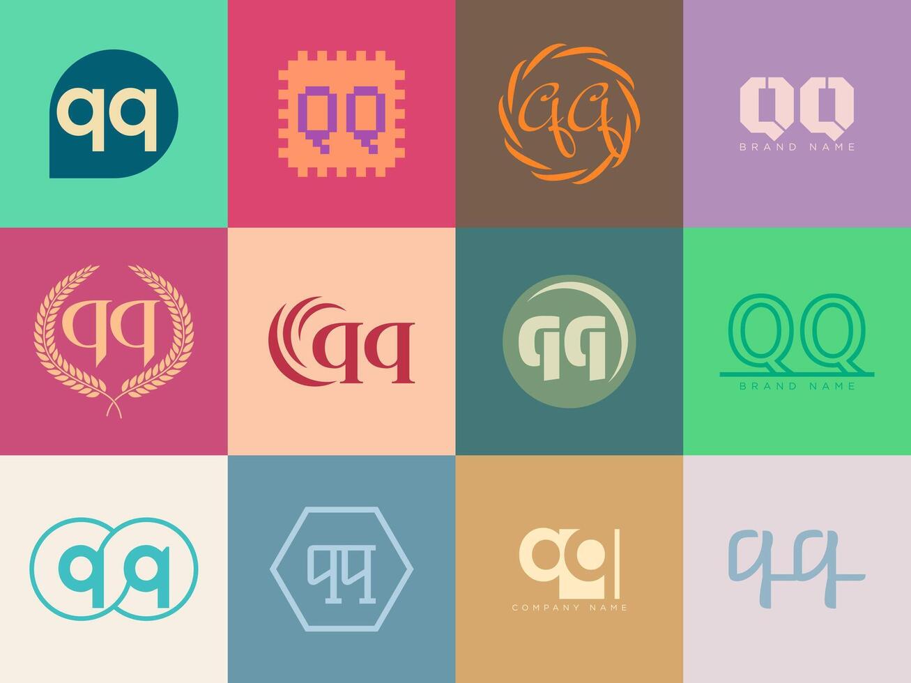 QQ logo company template. Letter q and q logotype. Set different classic serif lettering and modern bold text with design elements. Initial font typography. vector
