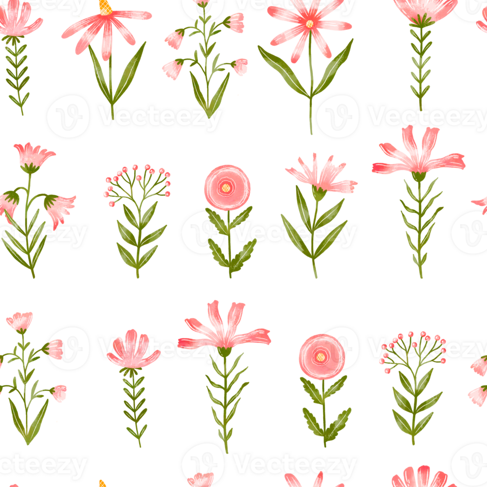 Hand drawn striped red wildflowers seamless pattern. Field springtime blossom flowers on isolated background. Endless design png