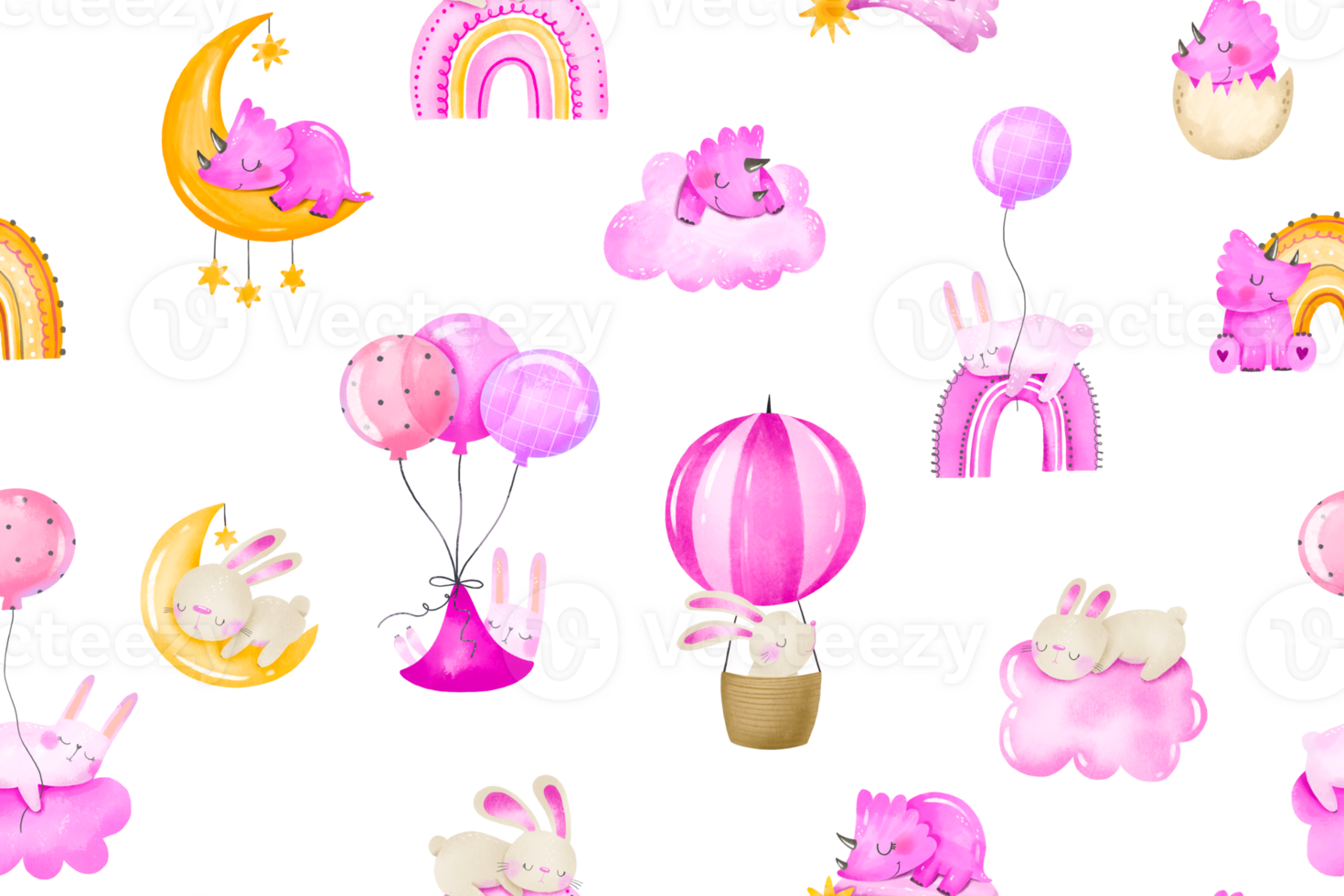 Newborn bunny, rabbit, dinosaurs sleep in sky on cloud, rainbow and fly in sky. Baby girl pink seamless pattern. Repeated background for kids. Baby dreaming, infant design png