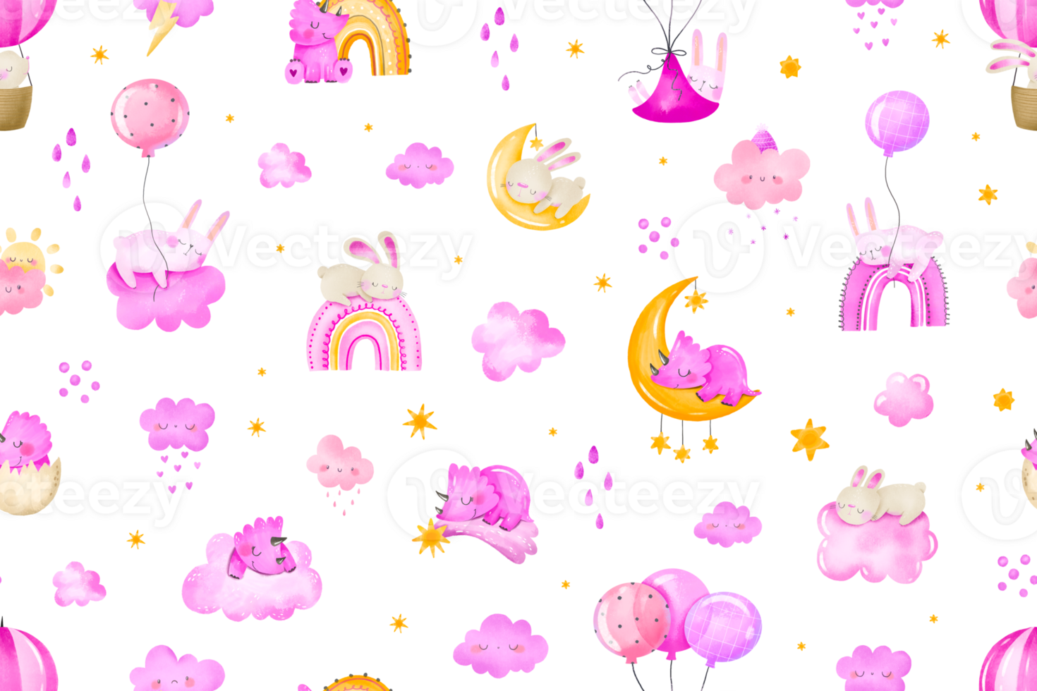 Newborn bunny, rabbit, dinosaurs sleep in sky on cloud, rainbow and fly in sky. Baby girl pink seamless pattern. Repeated background for kids. Cloudy sky, weather background png