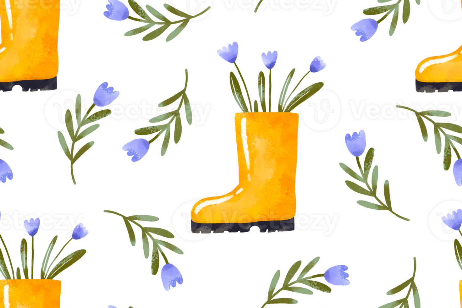 Seamless pattern with Garden yellow rubber boots and blue flowers. Farm and work on the land. Watercolor hand drawn background png