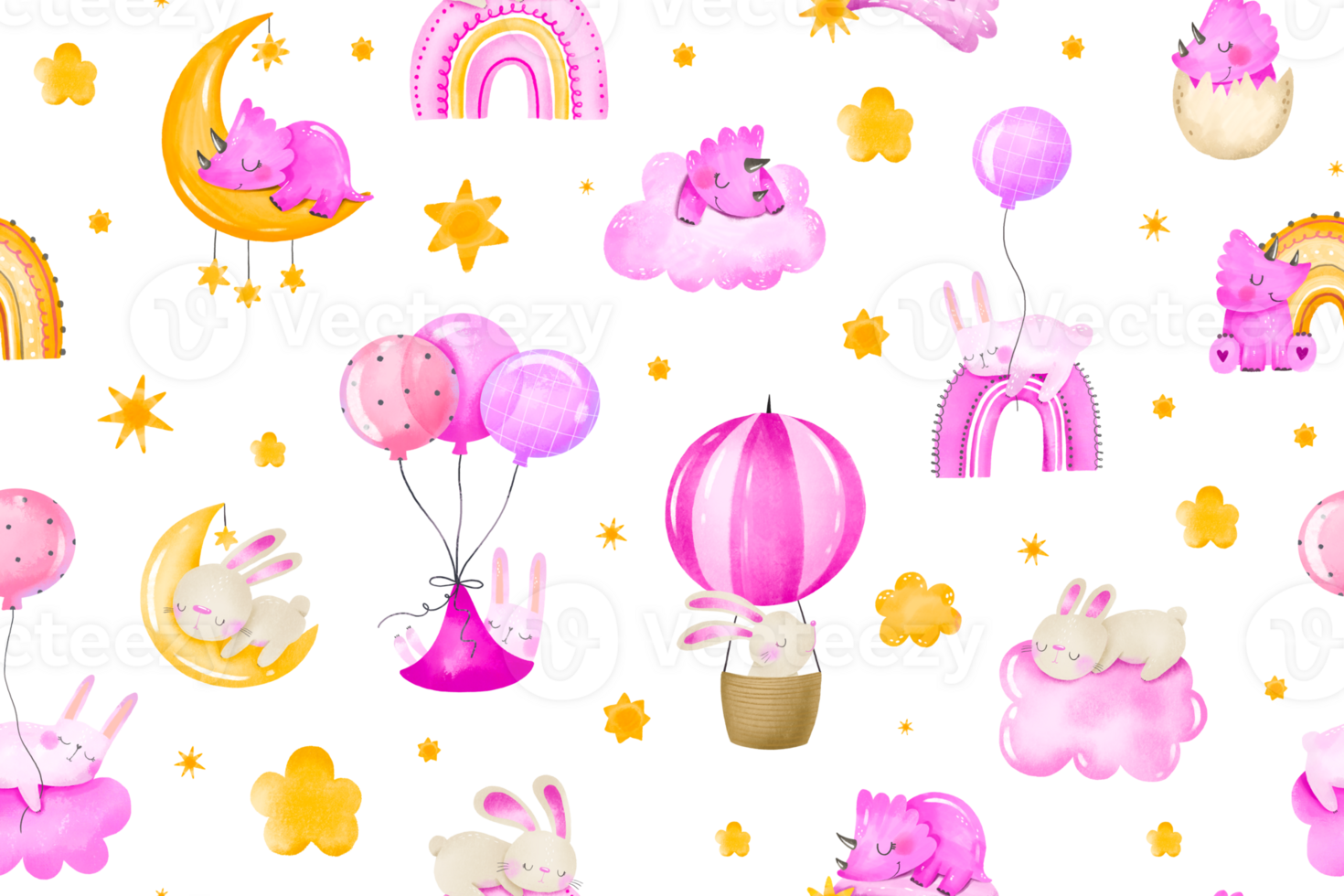 Newborn bunny, rabbit, dinosaurs sleep in sky on cloud, rainbow and fly in sky. Baby girl pink seamless pattern. Repeated background for kids. Baby dreaming, infant design with stars png