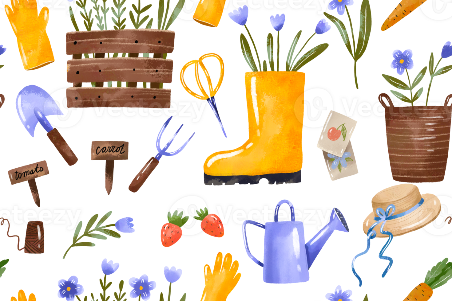 Seamless pattern with Garden accessories and tools for garden and vegetable garden. Gloves, rake and shovel, seeds, rubber boots with flowers, scissors, harvest. Farm and work on the land. Watercolor png