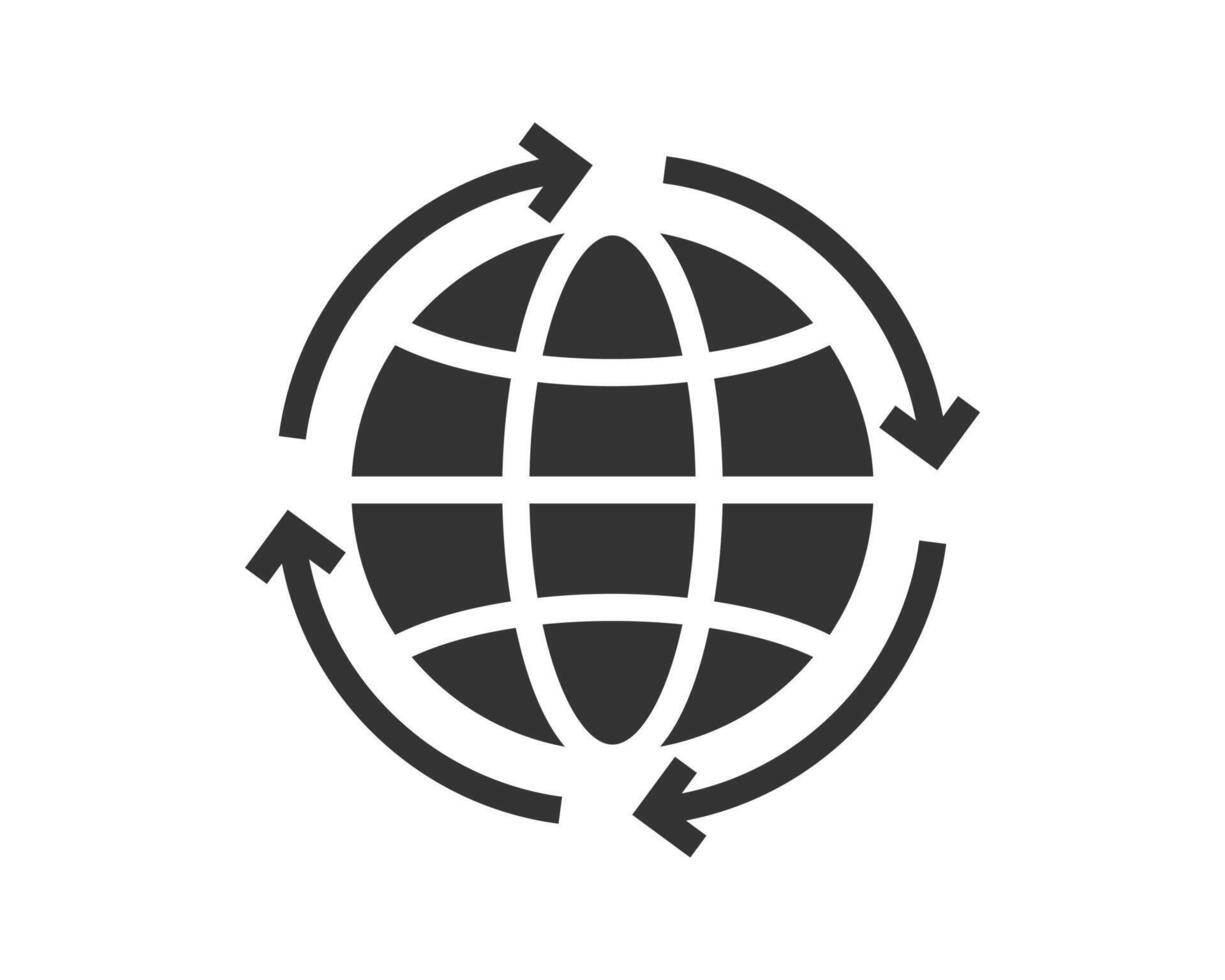 Globe icon surrounded by circular arrows. Symbolizes global communication, worldwide reach, logistics, and international connections. Use for web, apps, presentations. vector
