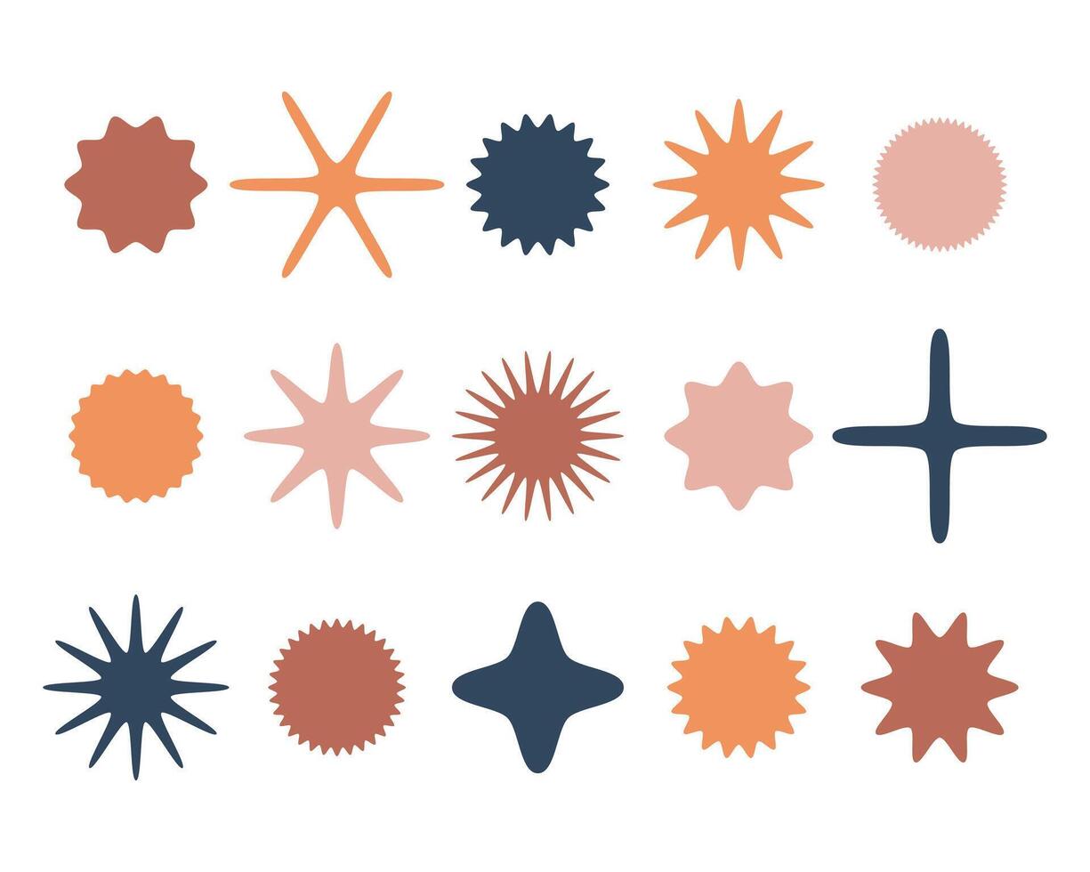 Geometric shapes set in warm, earthy tones. Abstract starbursts and badges convey retro vibes. Ideal for minimalist design or artistic backgrounds. Versatile design element. vector