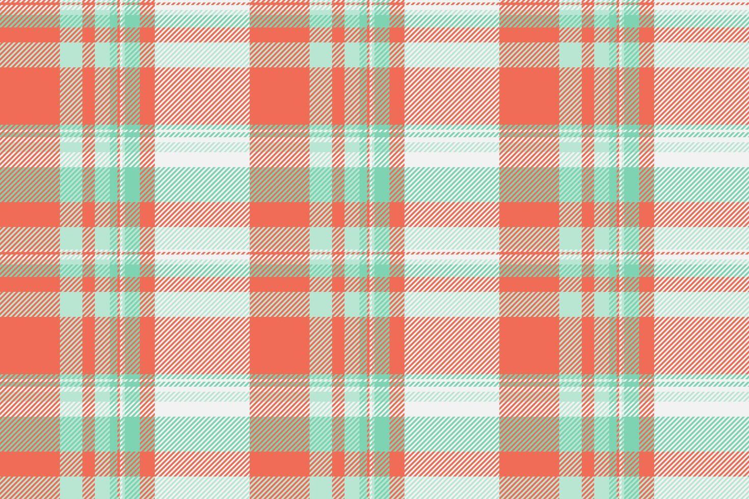 Vibrant plaid pattern in shades of coral, teal, and white. Seamless texture evokes warmth, comfort, and traditional style. Perfect for textiles, backgrounds, and designs. vector