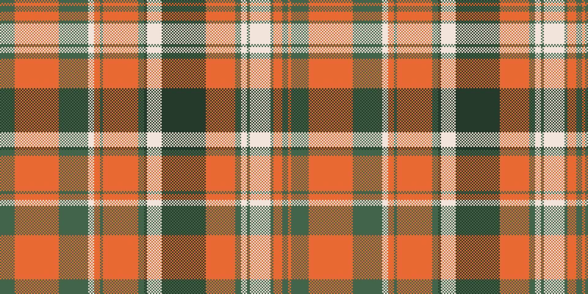 Classic tartan plaid pattern. Traditional Scottish design in orange, green, and white. Perfect for backgrounds, textiles, and holiday themes. Versatile timeless. vector