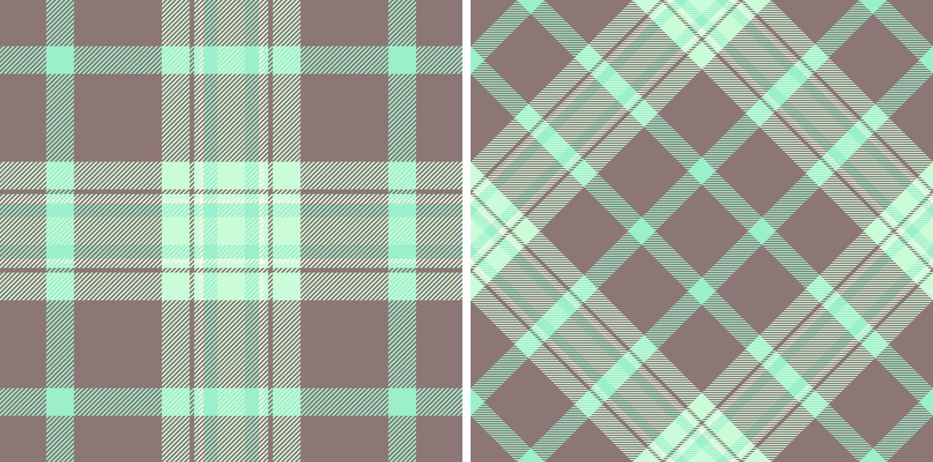 Elegant pastel mint and taupe plaid patterns. Two seamless designs classic and diagonal checks. Ideal for fashion, textile, web design, and stationery. Evokes feelings of calm and sophistication. vector