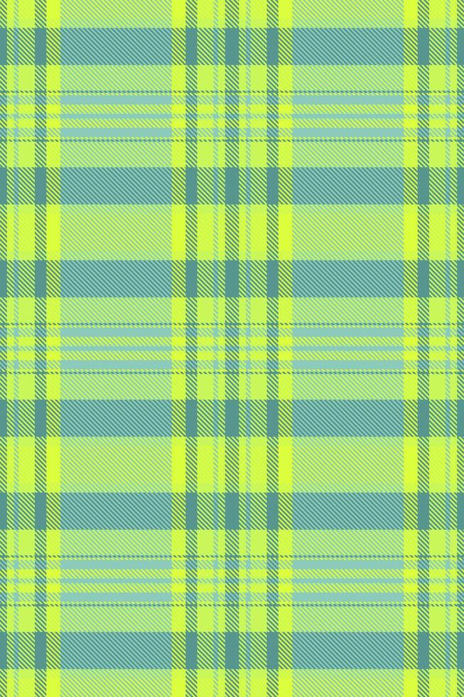 Fluffy plaid textile pattern, golf check texture seamless. Deco tartan background fabric in teal and lime colors. vector