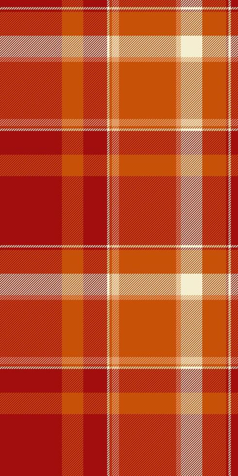 Vibrant autumnal plaid pattern in warm orange and red hues. Perfect for fallthemed designs, textiles, and backgrounds. This seamless texture evokes feelings of warmth, comfort, and rustic charm. vector