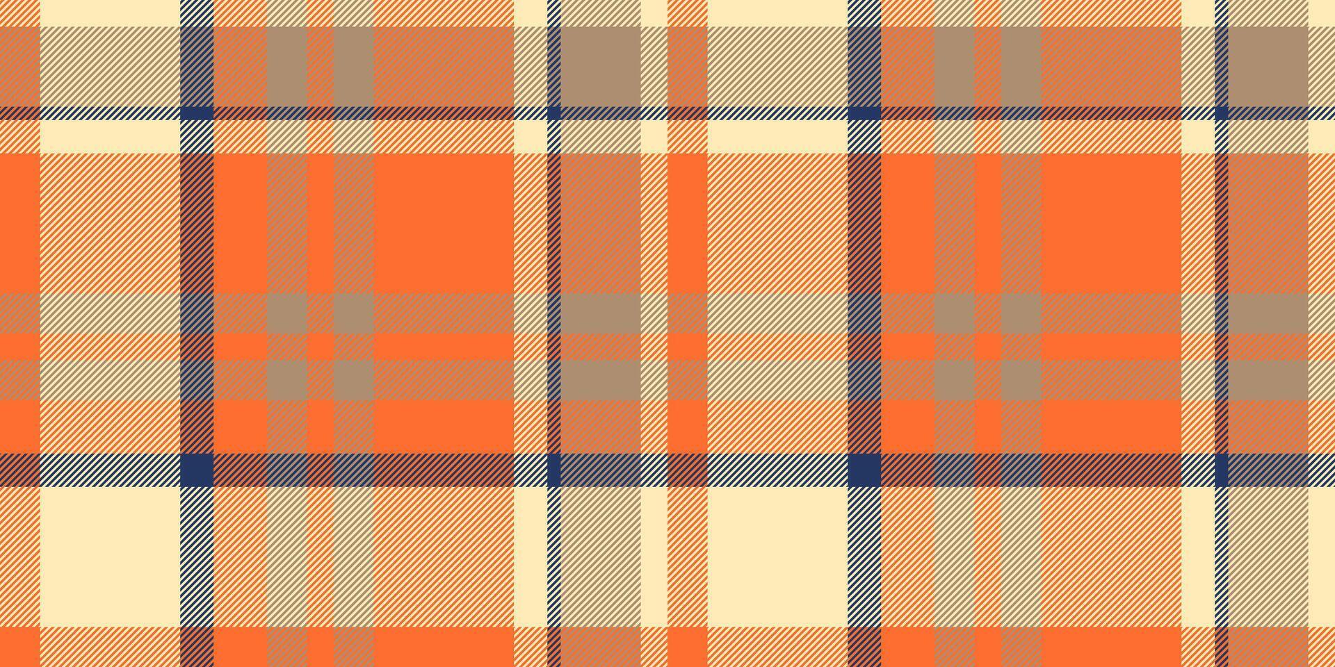 Vibrant autumnal plaid pattern in warm orange, beige, and navy tones. Perfect for fallthemed designs, textile prints, website backgrounds, and apparel. vector