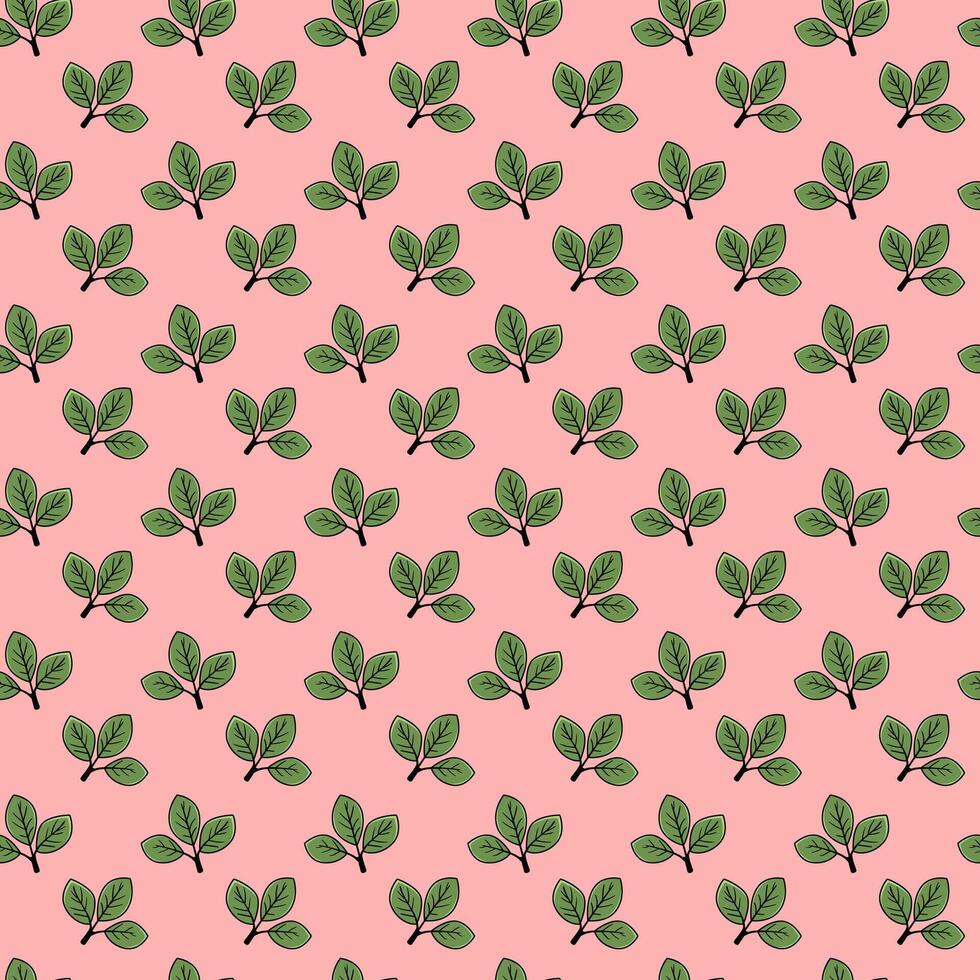 Delightful seamless pattern of stylized green leaves on a soft pink background. Perfect for textile design, wallpaper, packaging, or any project needing a fresh, botanical touch. vector