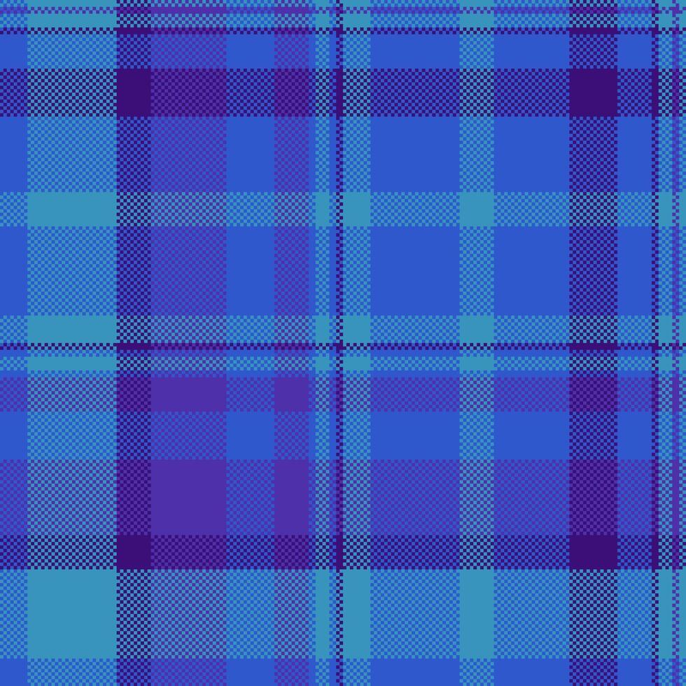 Pixelated tartan pattern. Blue, purple, teal, seamless fabric design. Cozy, nostalgic texture. Great for backgrounds, textiles, digital art, or graphic elements. vector