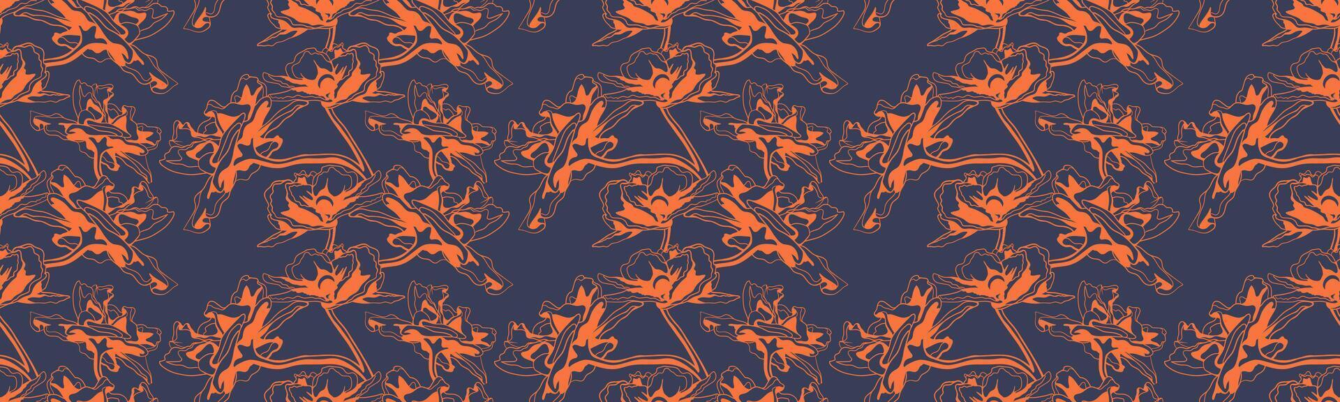 Abstract floral pattern. Stylish, repeating design with burnt orange stylized flowers on a deep navy blue background. Perfect for textile prints, wallpaper, website backgrounds, or fashion designs. vector