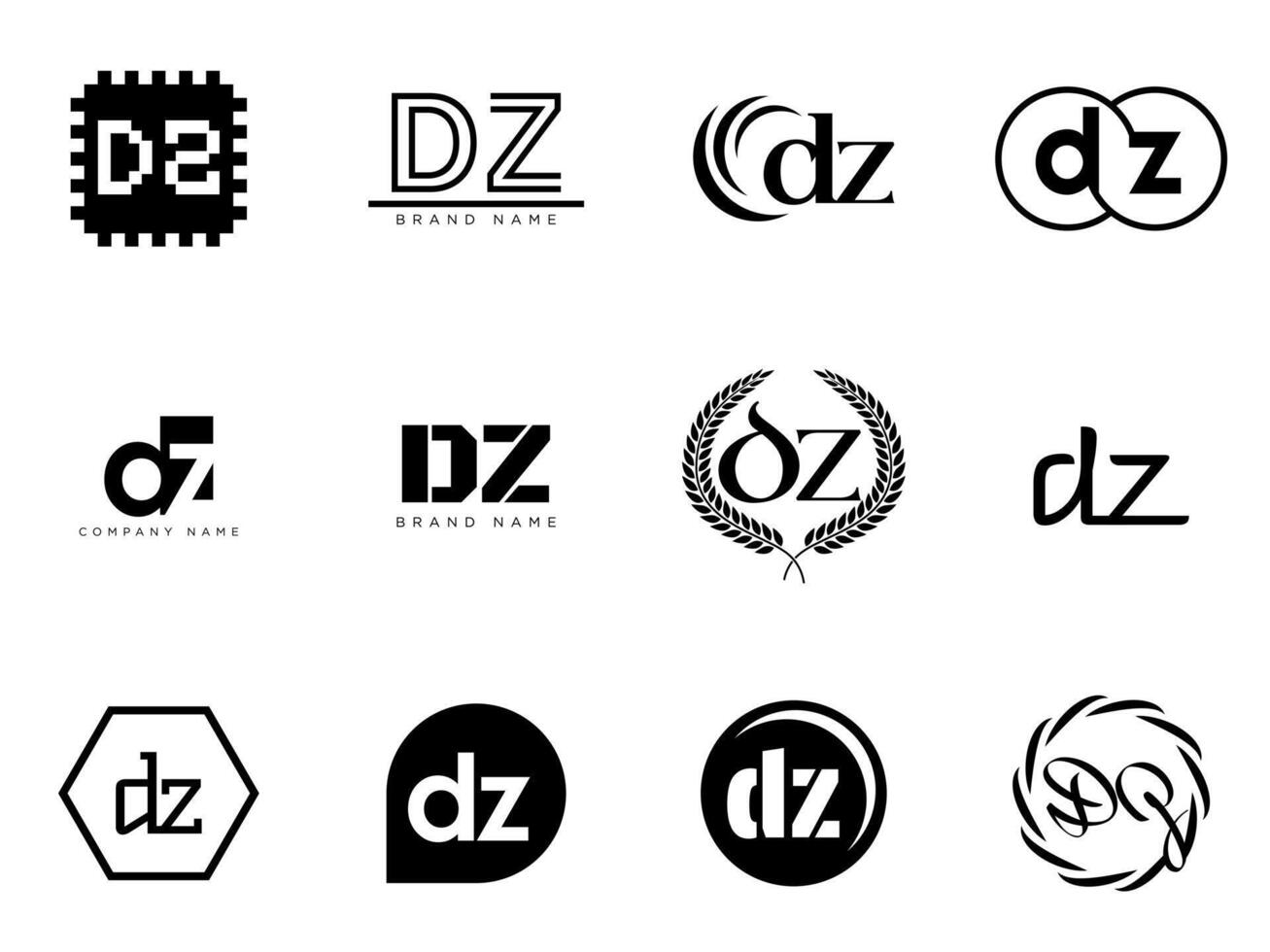 DZ logo template. Letter d and z logotype. Set different classic serif lettering and modern bold text with design elements. Initial font typography. vector