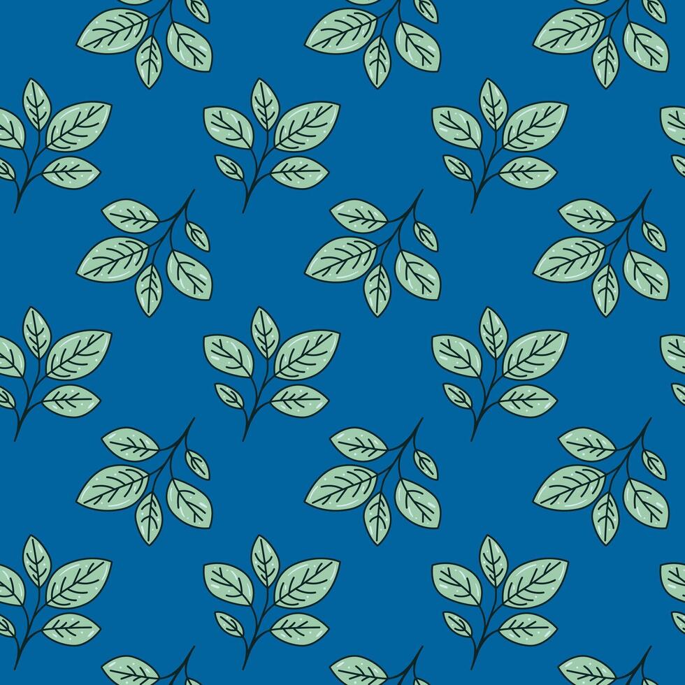 Seamless pattern of stylized teal leaves on a deep blue background. Perfect for textile design, wallpaper, packaging, or website backgrounds. vector