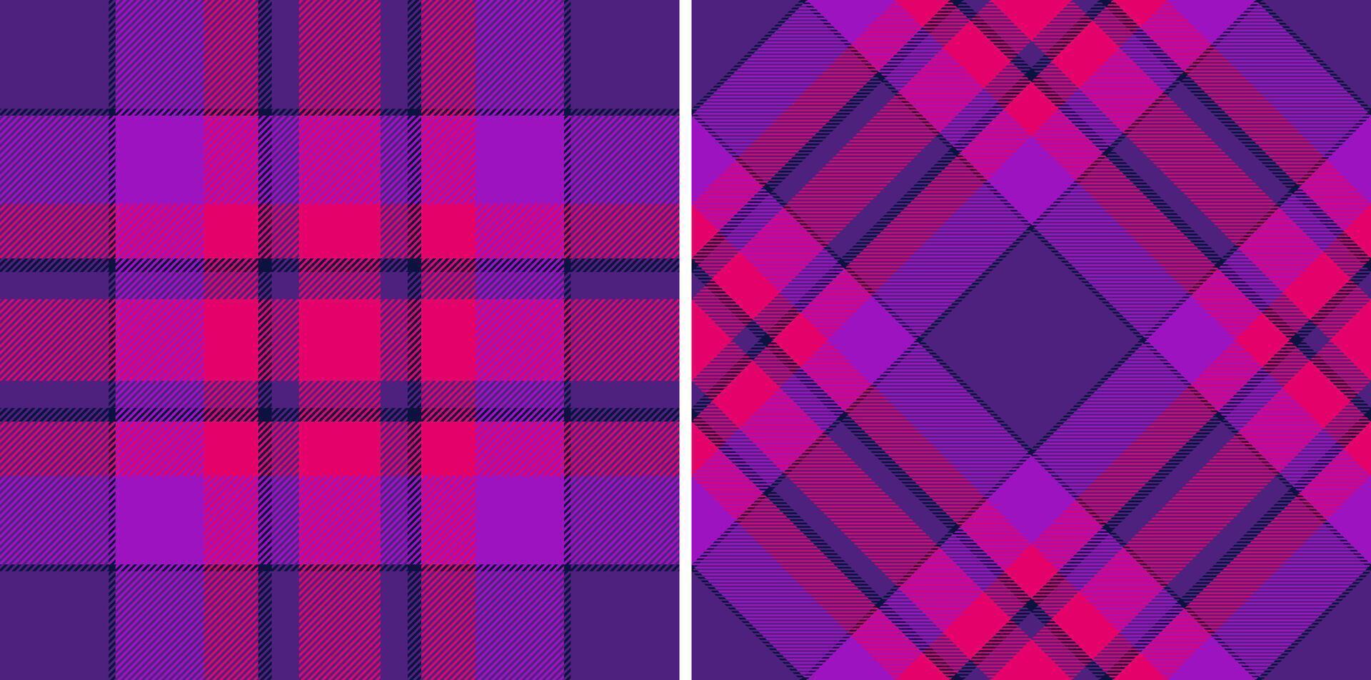 Vibrant plaid patterns in purple and magenta hues. Classic tartan textile design. Suitable for backgrounds, fashion, or decorative applications. vector