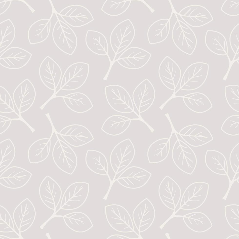 Elegant seamless pattern featuring delicate, minimalist grey leaves on a light grey background. Perfect for textile design, wallpaper, packaging, or website backgrounds. vector