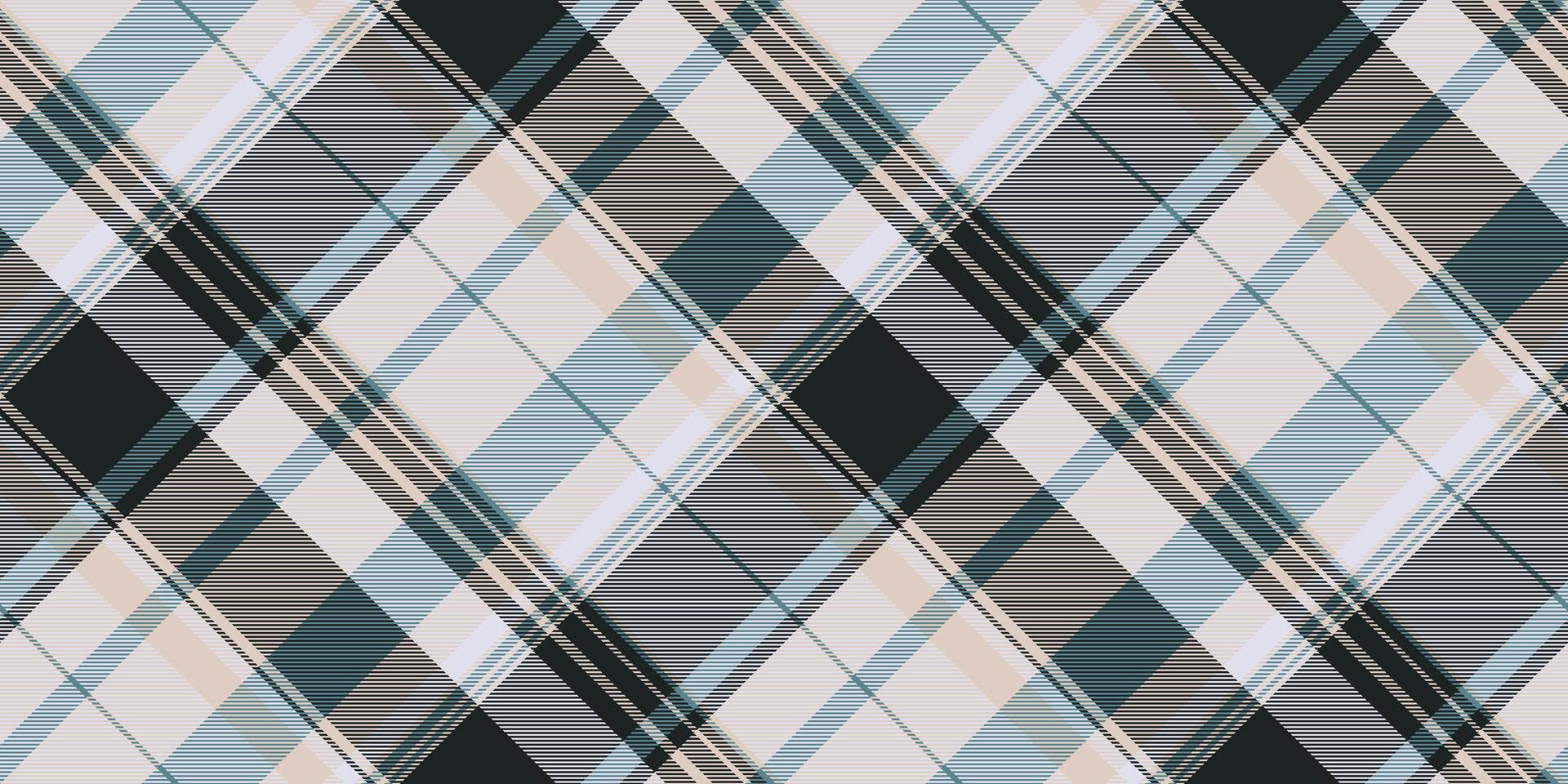 Elegant diagonal plaid pattern in muted tones of gray, beige, and teal. Perfect for textile design, website backgrounds, or any project needing a sophisticated and subtle texture. vector