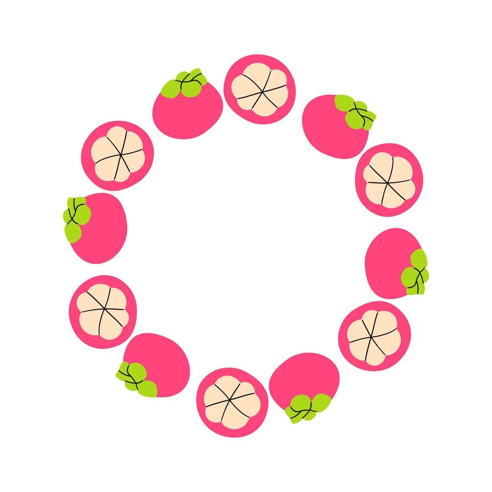 Farmers market design template, Mangosteen . Cute hand drawn Fruits and berries round frame in doodle style. Fruits icons Circular template. Hand drawn Fruits circle border. illustration vector