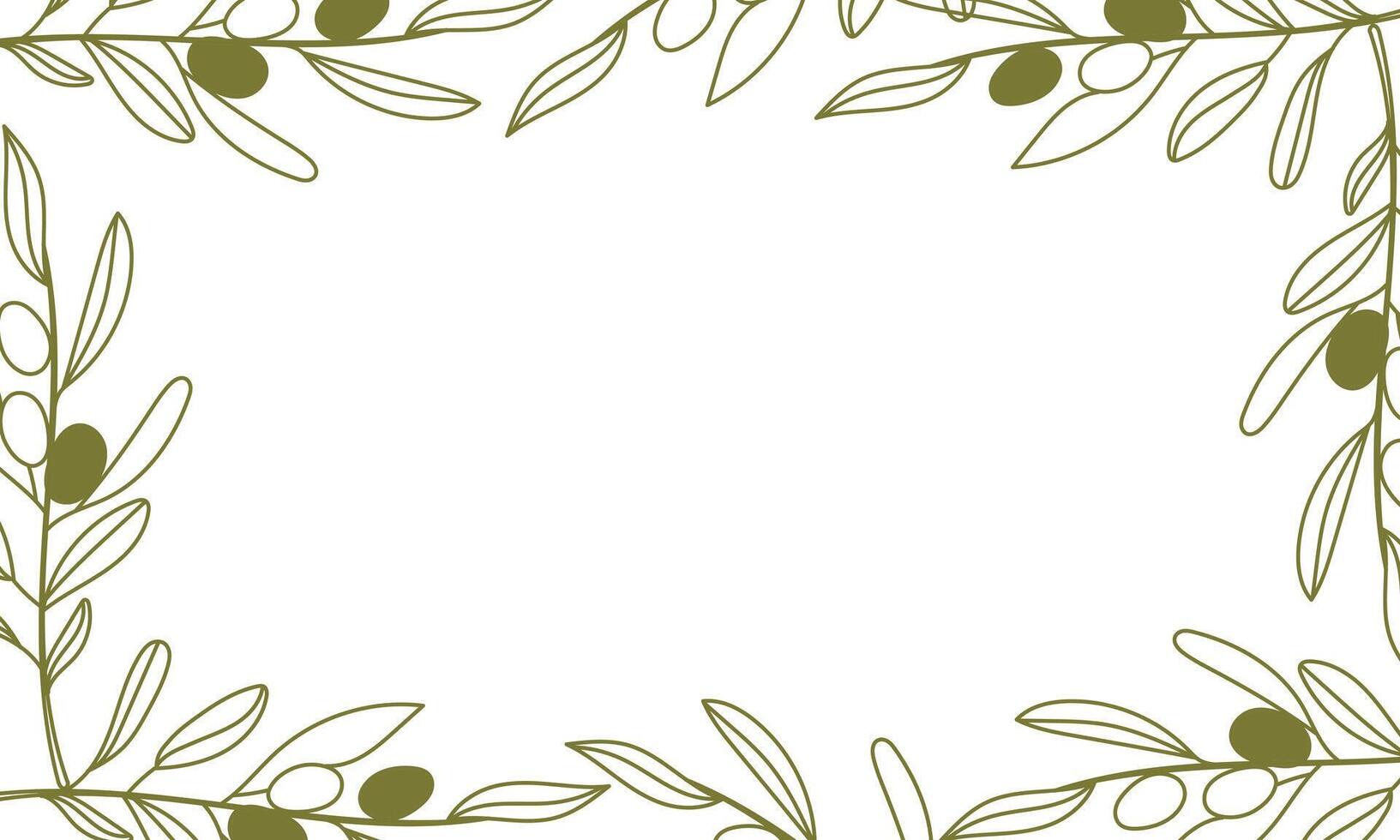 Olive leaves, tree branches and fruits frame. green olives wreath with floral vines, mediterranean cuisine food, vegetable oil and natural cosmetics label. Branches and leaves frame vector