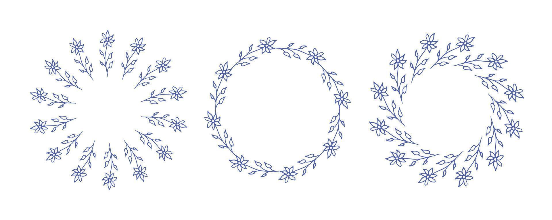 Simple flower circle frame set. Hand drawn blue round line border, leaves and flowers, wedding invitation and cards, logo design and posters template. Elegant minimal style floral isolated set vector
