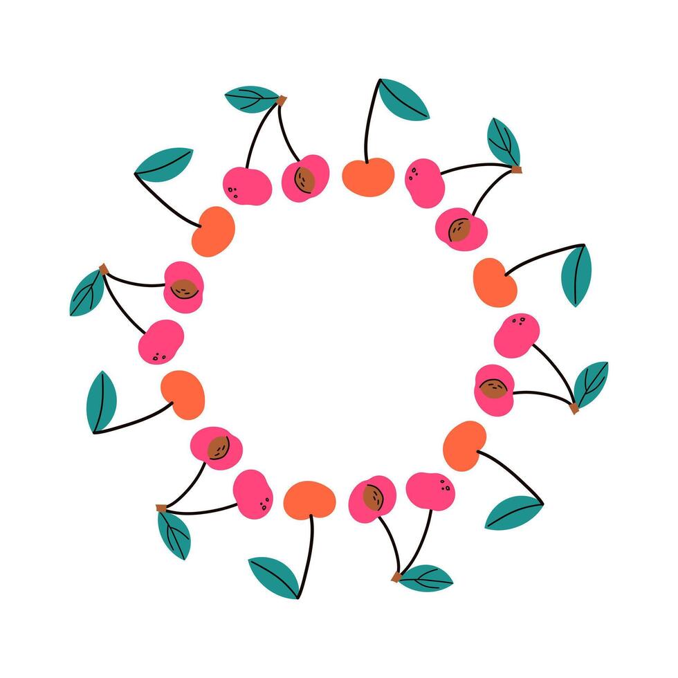 Farmers market design template, copy space. Cute hand drawn Fruits and berries round frame in doodle style. Fruits icons Circular template. Hand drawn Fruits circle border. cherry vector