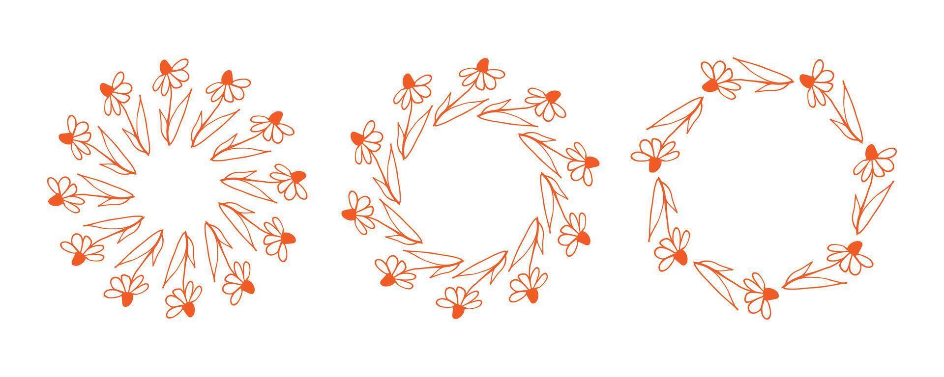 Simple flower circle frame set. Hand drawn yellow round line border, leaves and flowers, wedding invitation and cards, logo design and posters template. Elegant minimal style floral isolated set vector