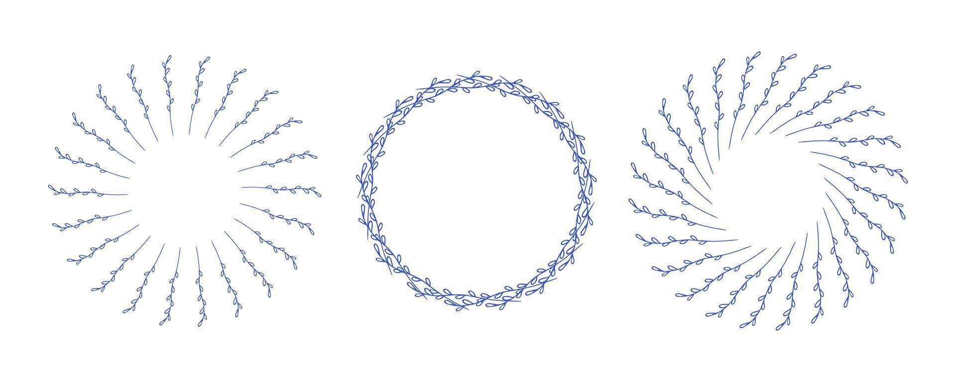 Simple flower circle frame set. Hand drawn blue round line border, leaves and flowers, wedding invitation and cards, logo design and posters template. Elegant minimal style vector