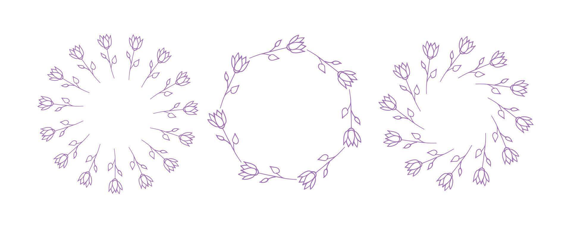 Simple flower circle frame set. Hand drawn purple round line border, leaves and flowers, wedding invitation and cards, logo design and posters template. Elegant minimal style floral isolated set vector