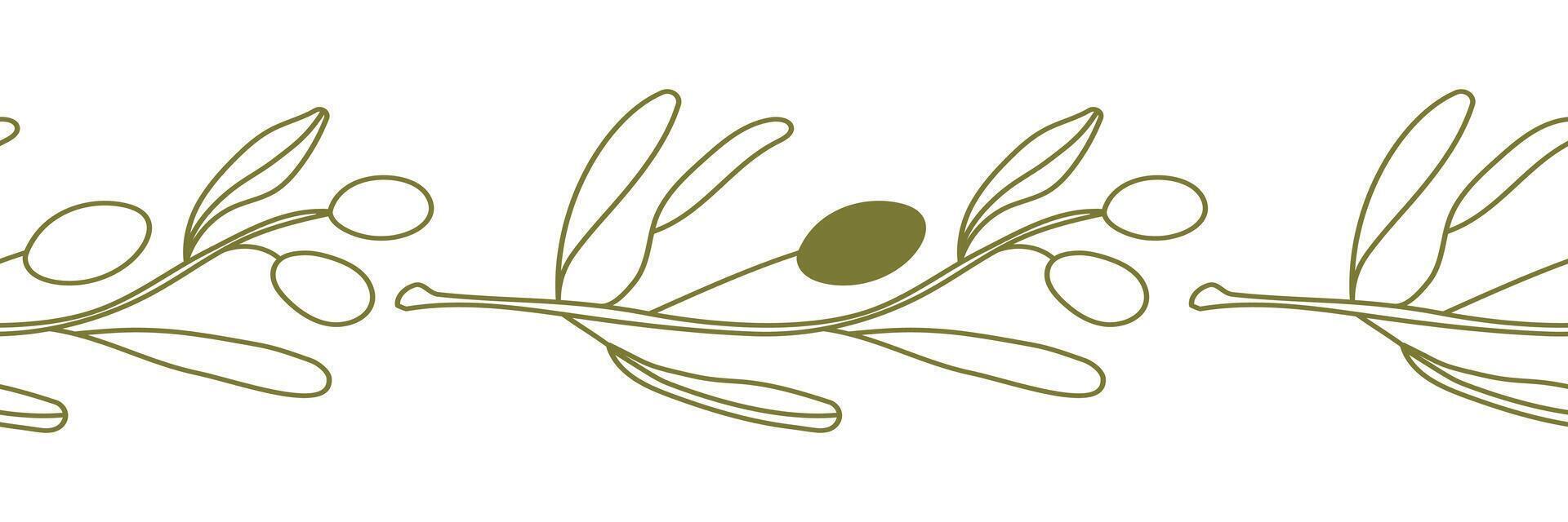 Olive border, rustic seamless pattern. vintage band. Hand drawn texture branch, green fruit, graphic leaves on white background. vector