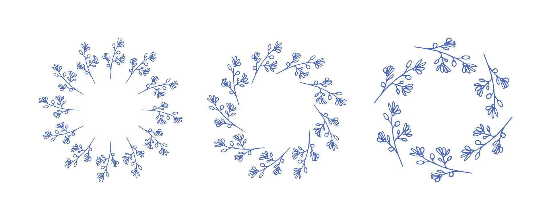 Simple flower circle frame set. Hand drawn blue round line border, leaves and flowers, wedding invitation and cards, logo design and posters template. Elegant minimal style floral isolated vector