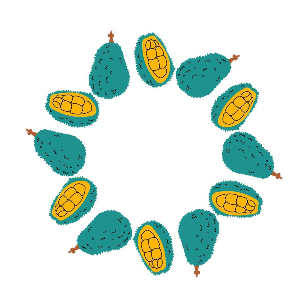 Farmers market design template, copy space. Cute hand drawn Fruits Jackfruit round frame in doodle style. Fruits icons Circular template. Hand drawn Fruits circle border. illustration vector