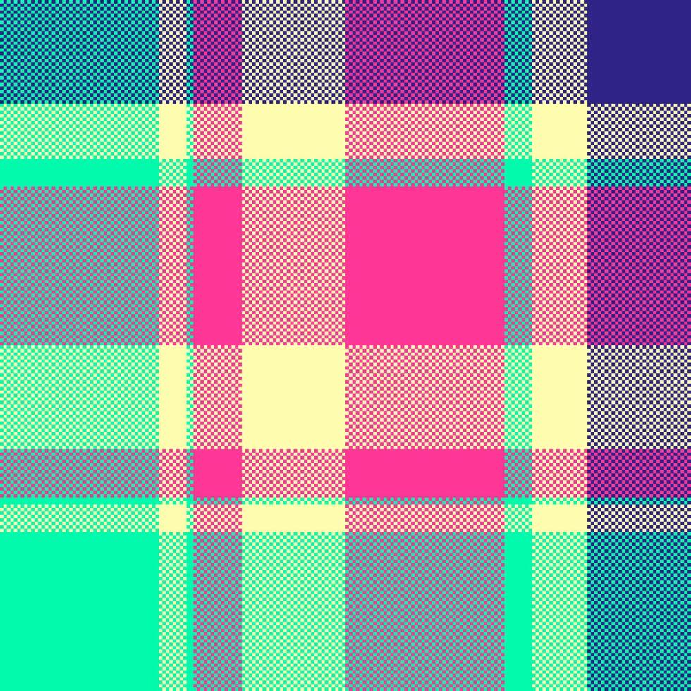 Bright, pixelated plaid background. A vibrant, multicolored textile pattern with a retro pixel art feel. Useful for backgrounds, textures, or design elements. vector