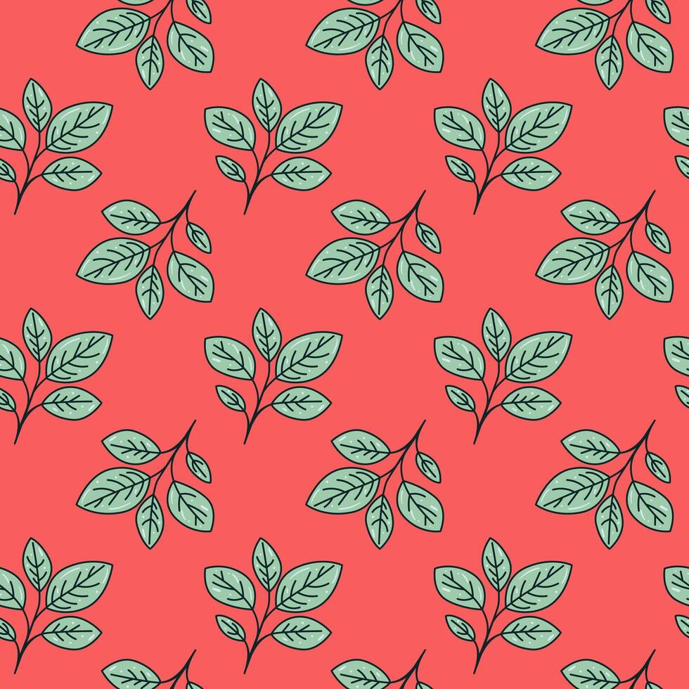Vibrant coral background adorned with a repeating pattern of stylized teal leaves. vector