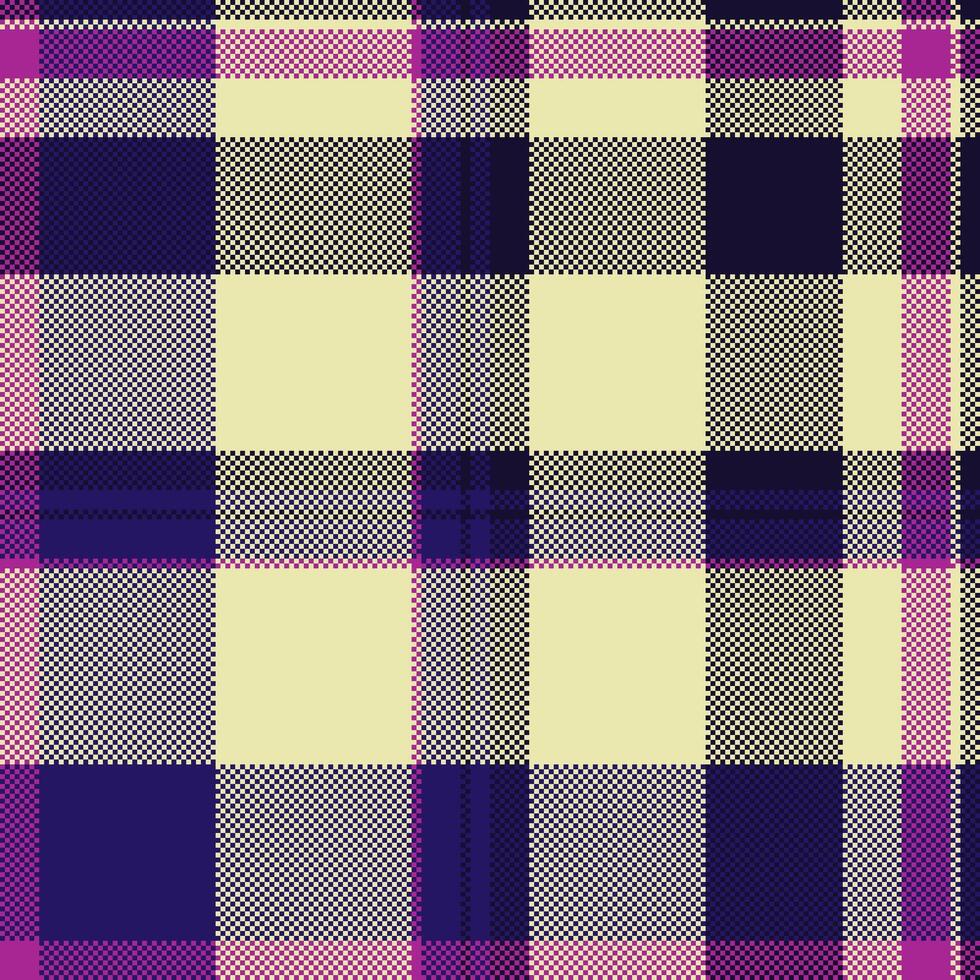 Pixelated plaid pattern in purple, cream and violet hues. A nostalgic, retro texture for backgrounds, textiles, design projects, or unique creative compositions. vector